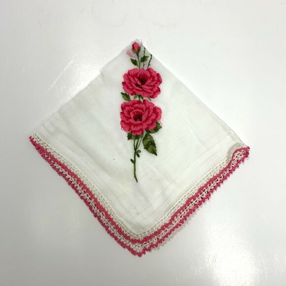 Embroidered Pink Roses Bridesmaid Handkerchief Wedding Cottage Core Granny Vtg - Picture 1 of 3